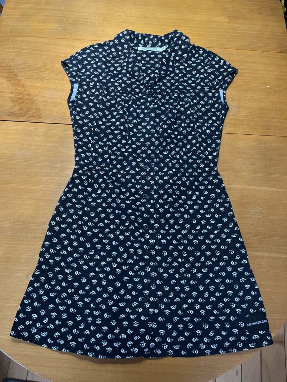 Calvin Klein Jeans Black Floral Button Front Mini Dress Sleeveless XS